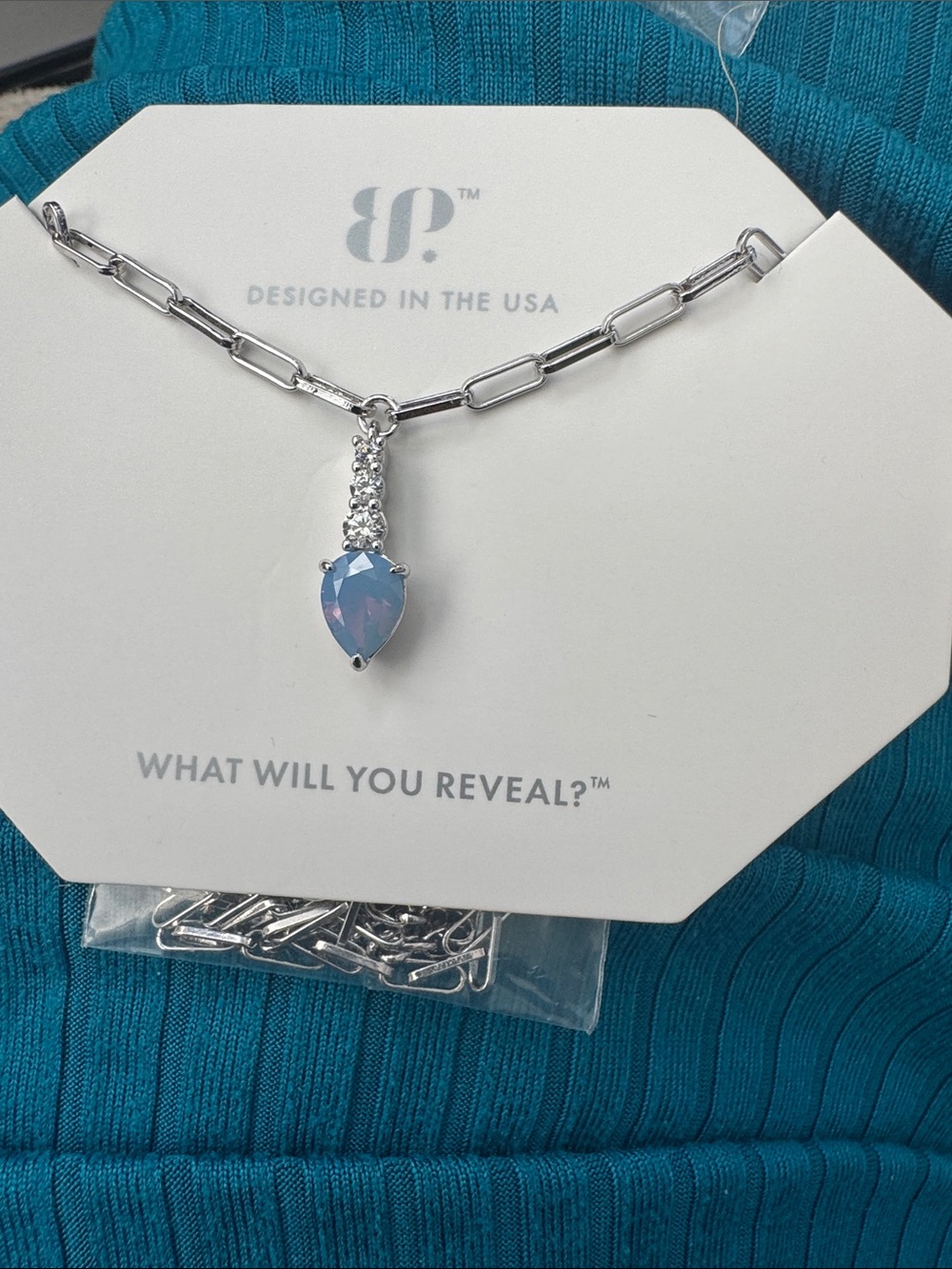 bp Silver-Tone Necklace with Blue Opalescent Teardrop Pendant